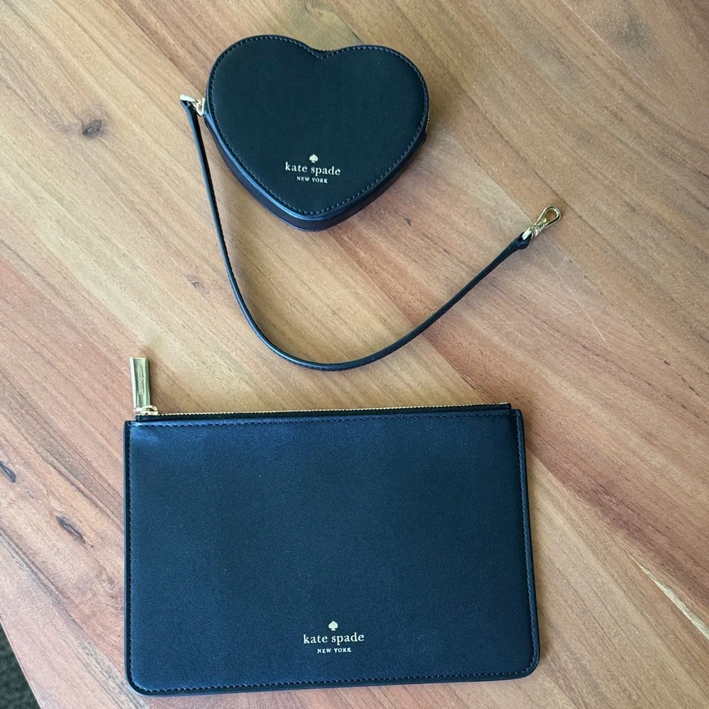 kate spade black heart coin case and black zip pouch set